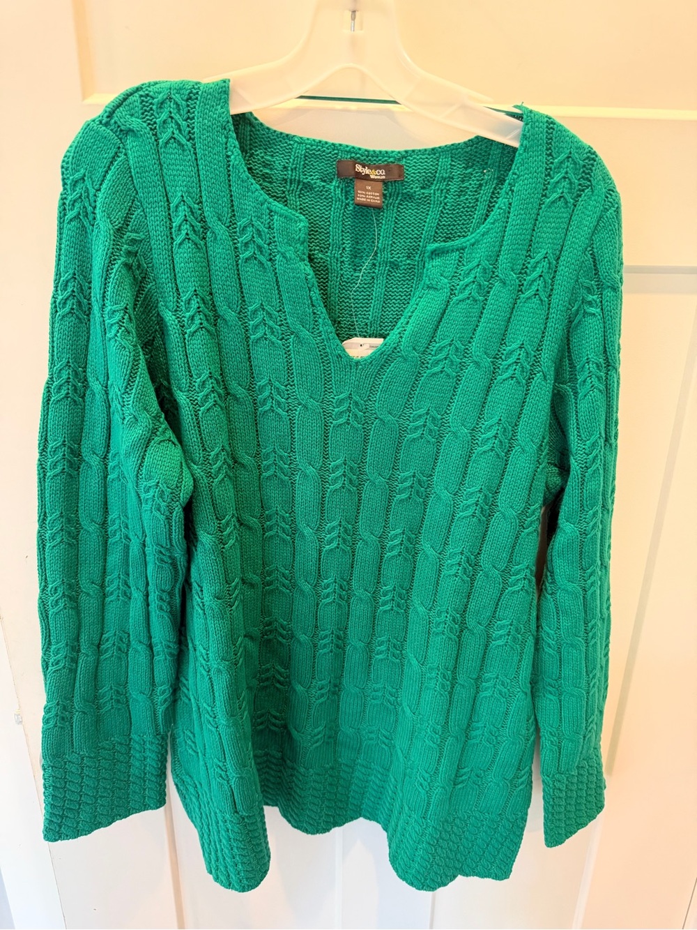 NWT Style & Co Woman 1X Belize Green Cable Knit Sweater Plus Size Cotton Blend
